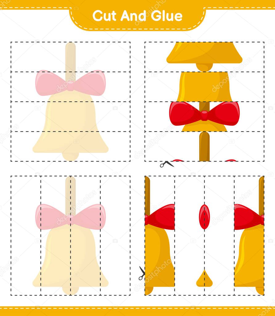 Cut and glue, cut parts of Golden Christmas Bells and glue them. Educational children game, printable worksheet, vector illustration