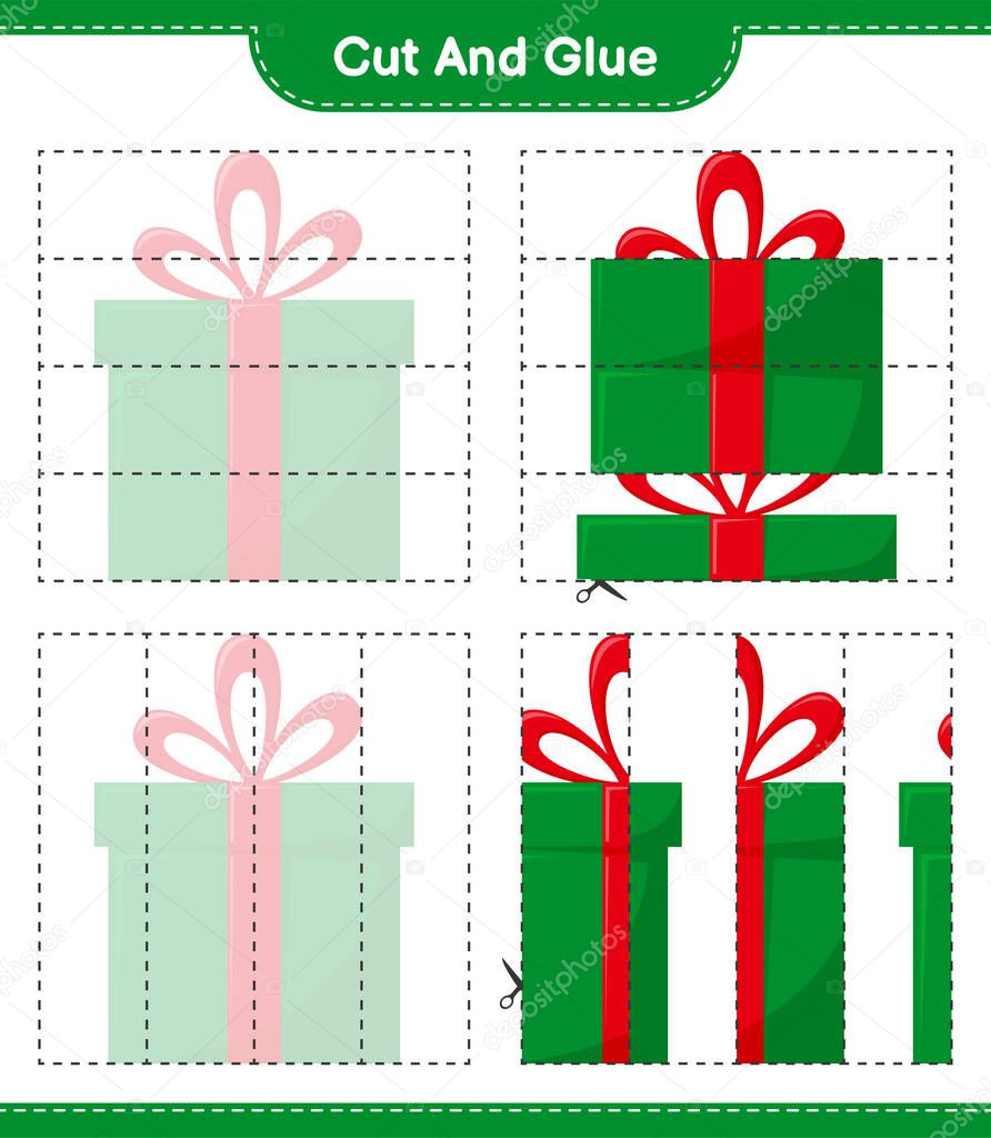 Cut and glue, cut parts of Gift Boxes and glue them. Educational children game, printable worksheet, vector illustration