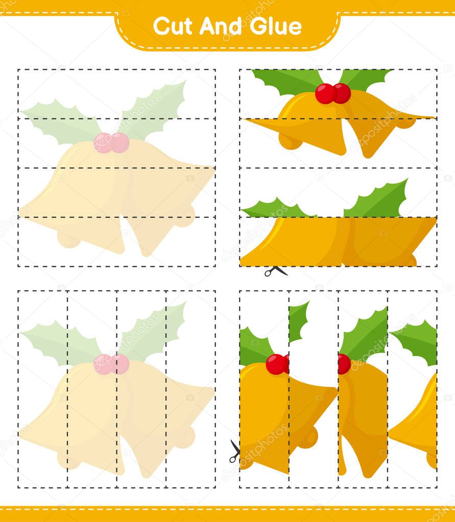 Cut and glue, cut parts of Christmas Bell and glue them. Educational children game, printable worksheet, vector illustration