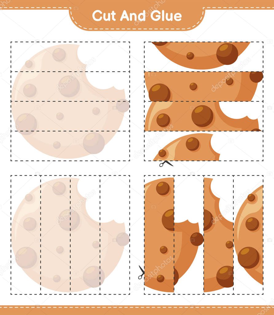 Cut and glue, cut parts of Cookies and glue them. Educational children game, printable worksheet, vector illustration