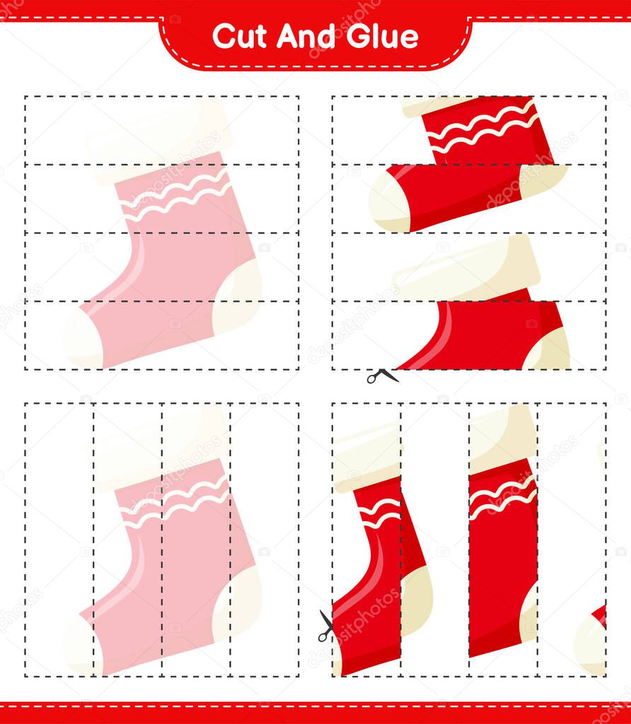 Cut and glue, cut parts of Christmas Stocking and glue them. Educational children game, printable worksheet, vector illustration