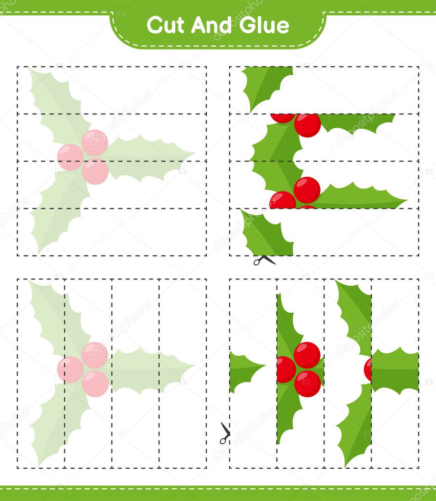 Cut and glue, cut parts of Holly Berries and glue them. Educational children game, printable worksheet, vector illustration