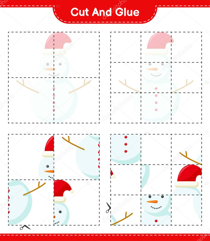 Cut and glue, cut parts of Snowman and glue them. Educational children game, printable worksheet, vector illustration