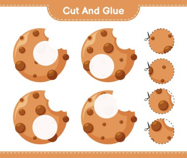 Kes ve yapıştır, Kurabiye parçalarını kes ve yapıştır. Eğitimsel çocuk oyunu, yazdırılabilir çalışma tablosu, vektör illüstrasyonu