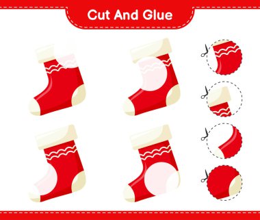 Kes ve yapıştır, Noel çorabının parçalarını kes ve yapıştır. Eğitimsel çocuk oyunu, yazdırılabilir çalışma tablosu, vektör illüstrasyonu
