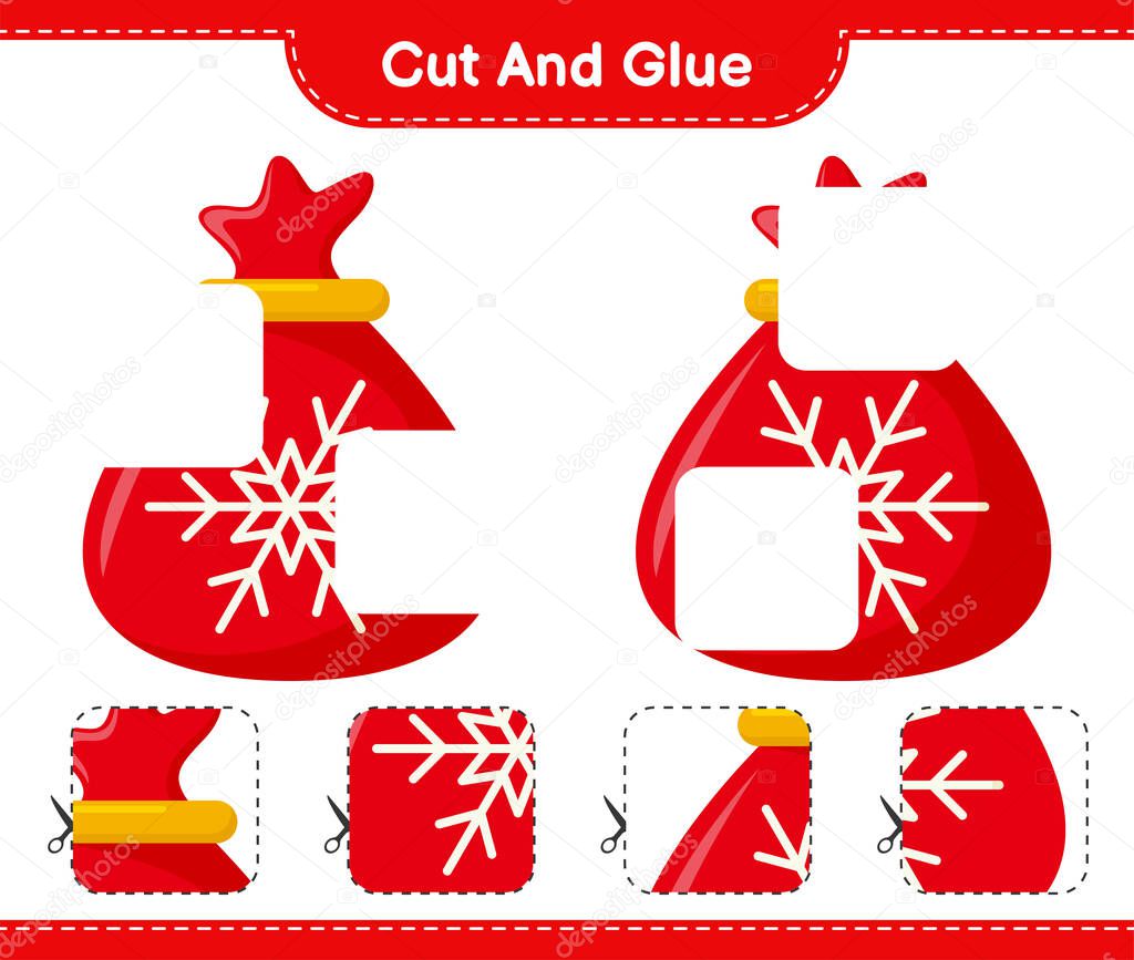Cut and glue, cut parts of Santa Claus Bag and glue them. Educational children game, printable worksheet, vector illustration