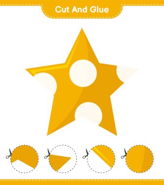 Kes ve yapıştır, yıldızların parçalarını kes ve yapıştır. Eğitimsel çocuk oyunu, yazdırılabilir çalışma tablosu, vektör illüstrasyonu