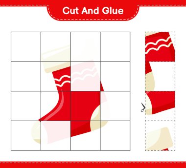 Kes ve yapıştır, Noel çorabının parçalarını kes ve yapıştır. Eğitimsel çocuk oyunu, yazdırılabilir çalışma tablosu, vektör illüstrasyonu
