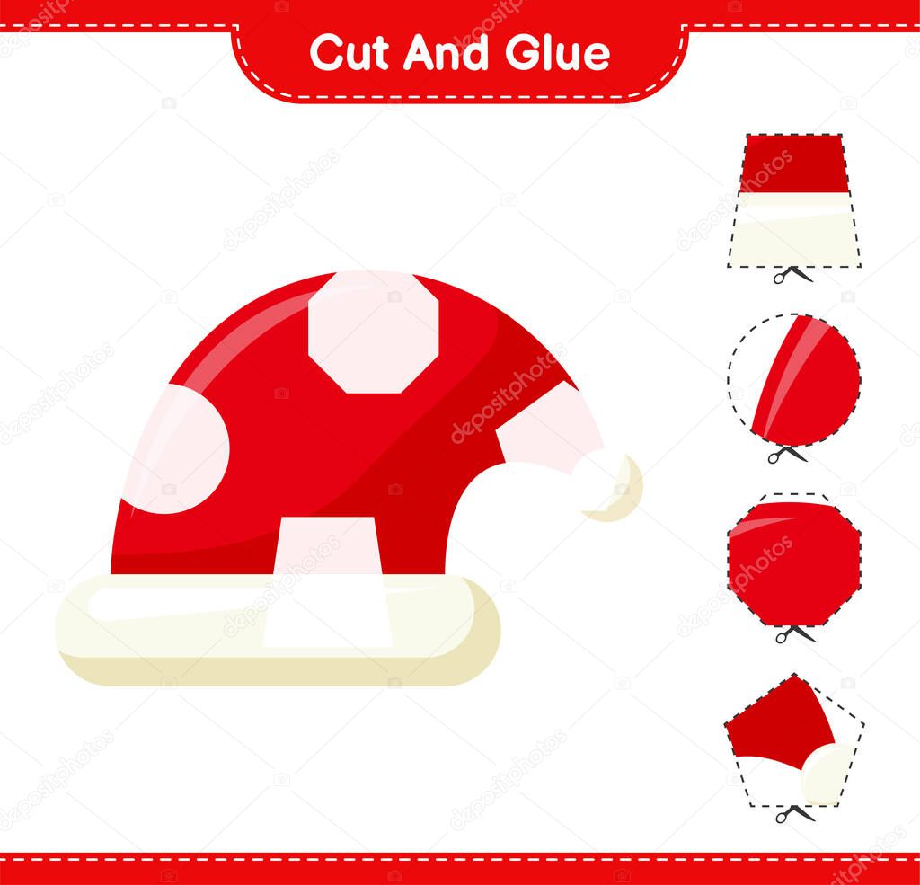 Cut and glue, cut parts of Santa Hat and glue them. Educational children game, printable worksheet, vector illustration