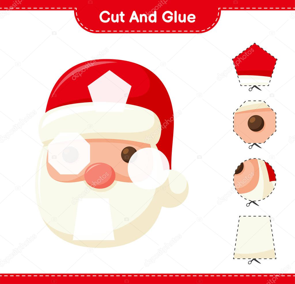 Cut and glue, cut parts of Santa Claus and glue them. Educational children game, printable worksheet, vector illustration