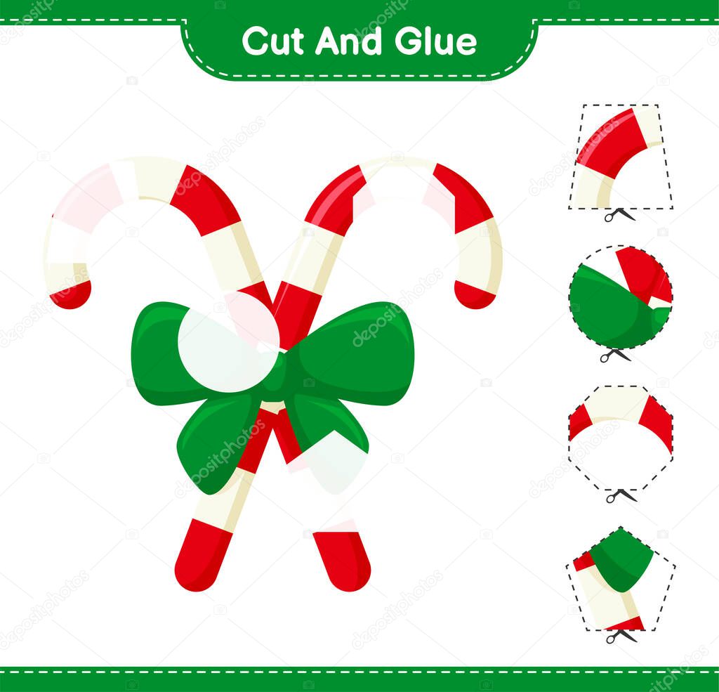 Cut and glue, cut parts of Candy Canes with Ribbon and glue them. Educational children game, printable worksheet, vector illustrations