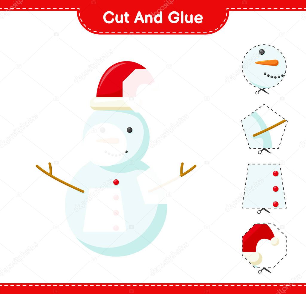 Cut and glue, cut parts of Snowman and glue them. Educational children game, printable worksheet, vector illustration