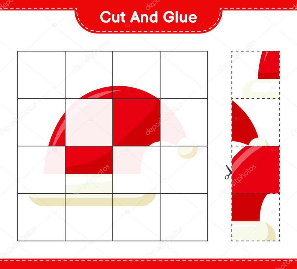 Cut and glue, cut parts of Santa Hat and glue them. Educational children game, printable worksheet, vector illustration