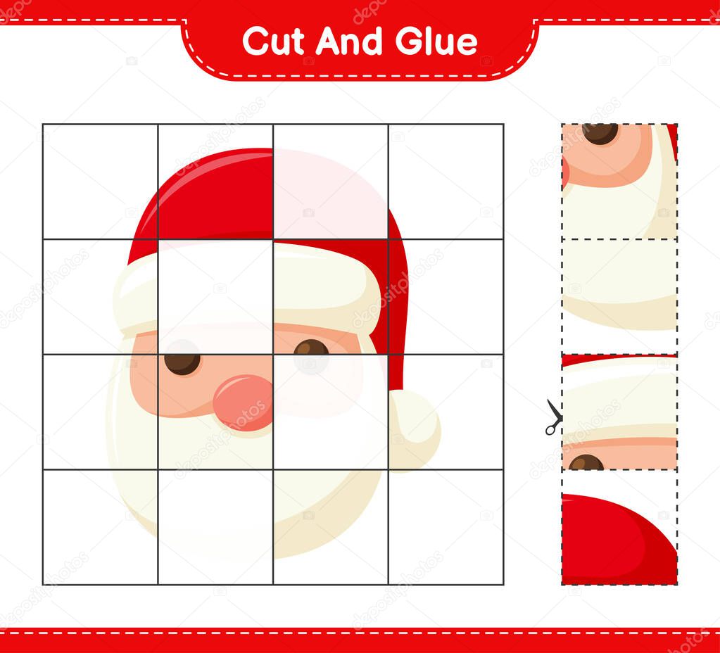 Cut and glue, cut parts of Santa Claus and glue them. Educational children game, printable worksheet, vector illustration