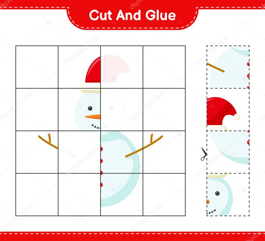 Cut and glue, cut parts of Snowman and glue them. Educational children game, printable worksheet, vector illustration