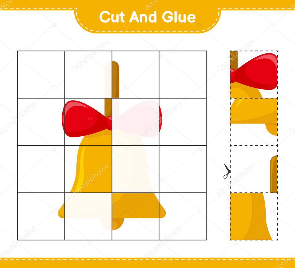 Cut and glue, cut parts of Golden Christmas Bells and glue them. Educational children game, printable worksheet, vector illustration