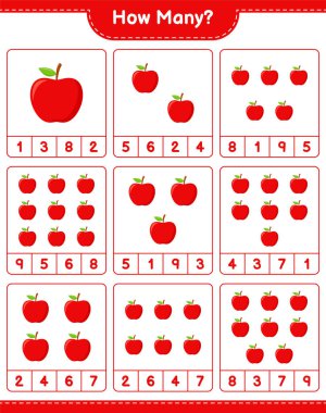 Maç sayısı, kaç Apple. Eğitimsel çocuk oyunu, yazdırılabilir çalışma tablosu, vektör illüstrasyonu