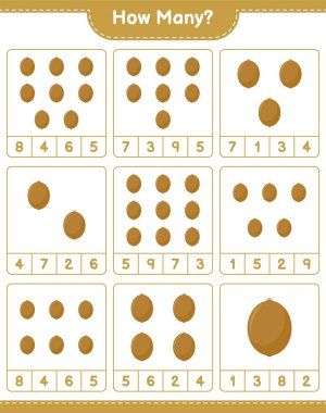 Maç sayısı, kaç tane Kivi. Eğitimsel çocuk oyunu, yazdırılabilir çalışma tablosu, vektör illüstrasyonu