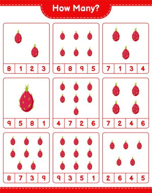Maç sayısı, kaç Pitaya. Eğitimsel çocuk oyunu, yazdırılabilir çalışma tablosu, vektör illüstrasyonu