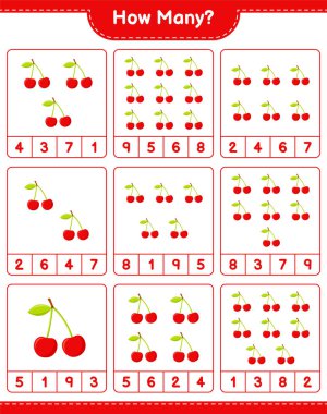 Maç sayısı, kaç Cherry. Eğitimsel çocuk oyunu, yazdırılabilir çalışma tablosu, vektör illüstrasyonu