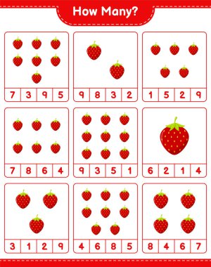 Maç sayısı, kaç çilek. Eğitimsel çocuk oyunu, yazdırılabilir çalışma tablosu, vektör illüstrasyonu