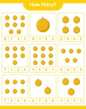Oyun sayıyorum, kaç tane Honey Melon. Eğitimsel çocuk oyunu, yazdırılabilir çalışma tablosu, vektör illüstrasyonu