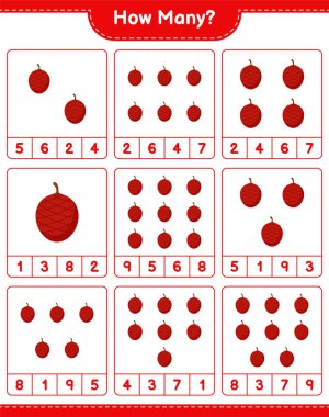 Maç sayısı, kaç tane Ita Palm. Eğitimsel çocuk oyunu, yazdırılabilir çalışma tablosu, vektör illüstrasyonu