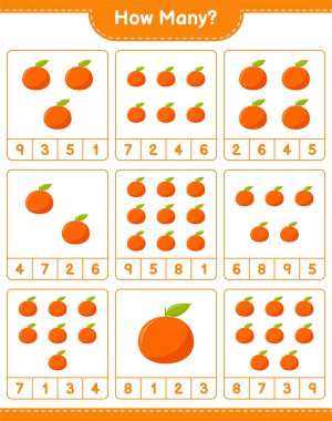 Maç sayısı, kaç Tangerin. Eğitimsel çocuk oyunu, yazdırılabilir çalışma tablosu, vektör illüstrasyonu