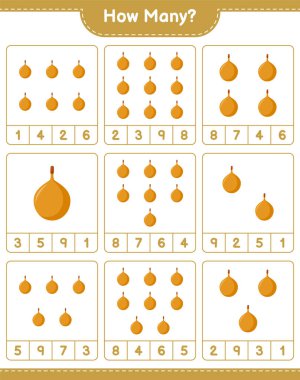 Maç sayısı, kaç Voavanga. Eğitimsel çocuk oyunu, yazdırılabilir çalışma tablosu, vektör illüstrasyonu
