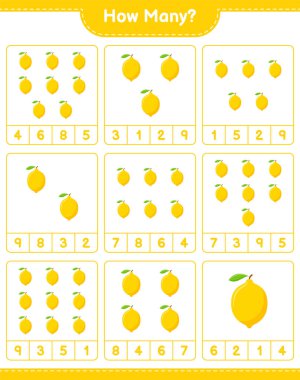 Oyun sayıyorum, kaç tane Lemon var. Eğitimsel çocuk oyunu, yazdırılabilir çalışma tablosu, vektör illüstrasyonu
