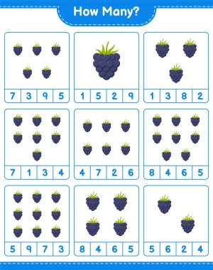 Maç sayısı, kaç tane Blackberry. Eğitimsel çocuk oyunu, yazdırılabilir çalışma tablosu, vektör illüstrasyonu