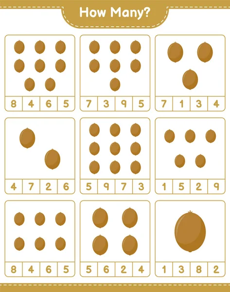 Maç sayısı, kaç tane Kivi. Eğitimsel çocuk oyunu, yazdırılabilir çalışma tablosu, vektör illüstrasyonu