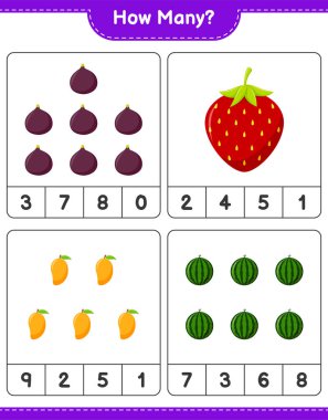 Oyun saymak, kaç meyve. Eğitimsel çocuk oyunu, yazdırılabilir çalışma tablosu, vektör illüstrasyonu