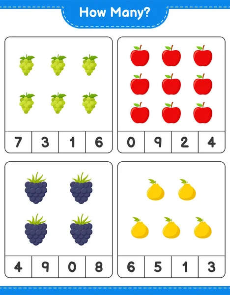 Räkna Spel Hur Många Frukter Pedagogiska Barn Spel Utskrivbara Kalkylblad — Stock vektor