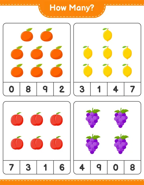 Jogo Contagem Quantas Frutas Jogo Crianças Educativas Planilha Imprimível Ilustração — Vetor de Stock