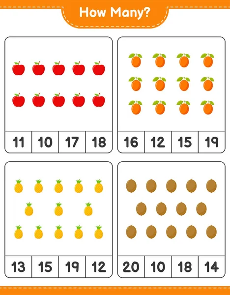 Compter Jeu Combien Fruits Jeu Éducatif Pour Enfants Feuille Calcul — Image vectorielle
