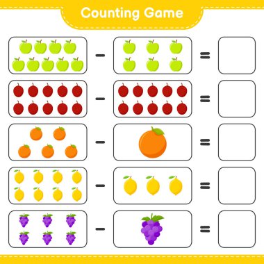Oyun sayılıyor, meyveleri sayın ve sonucu yazın. Eğitimsel çocuk oyunu, yazdırılabilir çalışma tablosu, vektör illüstrasyonu
