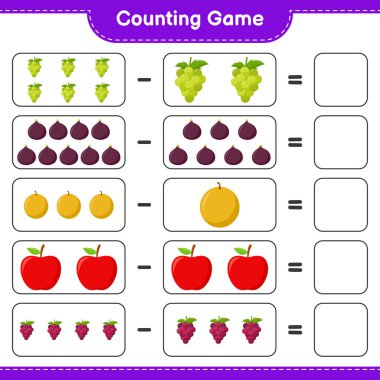 Oyun sayılıyor, meyveleri sayın ve sonucu yazın. Eğitimsel çocuk oyunu, yazdırılabilir çalışma tablosu, vektör illüstrasyonu