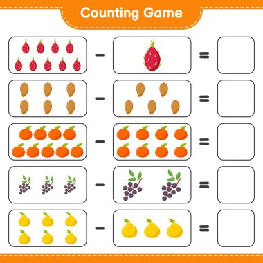 Oyun sayılıyor, meyveleri sayın ve sonucu yazın. Eğitimsel çocuk oyunu, yazdırılabilir çalışma tablosu, vektör illüstrasyonu