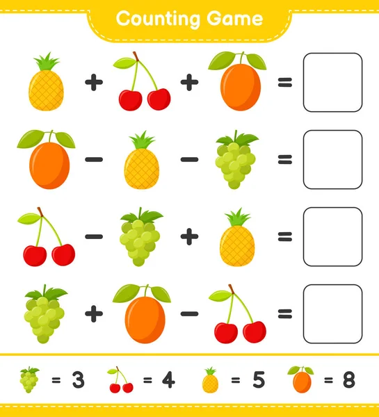 Jogo Contagem Contar Número Frutas Escrever Resultado Jogo Crianças Educativas — Vetor de Stock