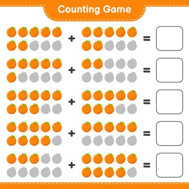 Oyun sayılıyor, turuncu sayıyı say ve sonucu yaz. Eğitimsel çocuk oyunu, yazdırılabilir çalışma tablosu, vektör illüstrasyonu