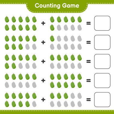Oyun sayılıyor, Jackfruit sayısını say ve sonucu yaz. Eğitimsel çocuk oyunu, yazdırılabilir çalışma tablosu, vektör illüstrasyonu