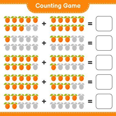 Oyun sayılıyor, Ximenia 'nın sayısını say ve sonucu yaz. Eğitimsel çocuk oyunu, yazdırılabilir çalışma tablosu, vektör illüstrasyonu