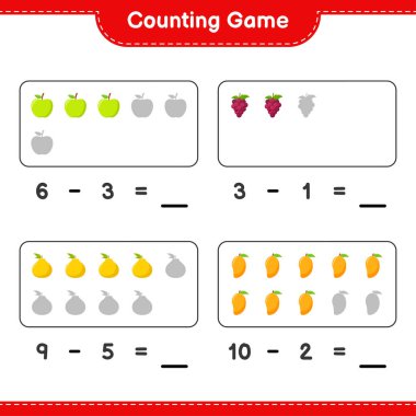 Oyun sayılıyor, meyveleri sayın ve sonucu yazın. Eğitimsel çocuk oyunu, yazdırılabilir çalışma tablosu, vektör illüstrasyonu