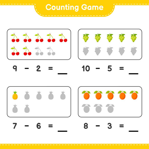 Подсчитайте игру, посчитайте количество фруктов и напишите результат. Образовательные игры для детей, печатаемые листы, векторные иллюстрации