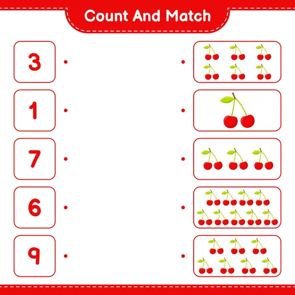 カウントして一致させ チェリーの数を数え 正しい数と一致させます 教育用子供ゲーム 印刷可能なワークシート ベクトルイラスト — ストックベクタ