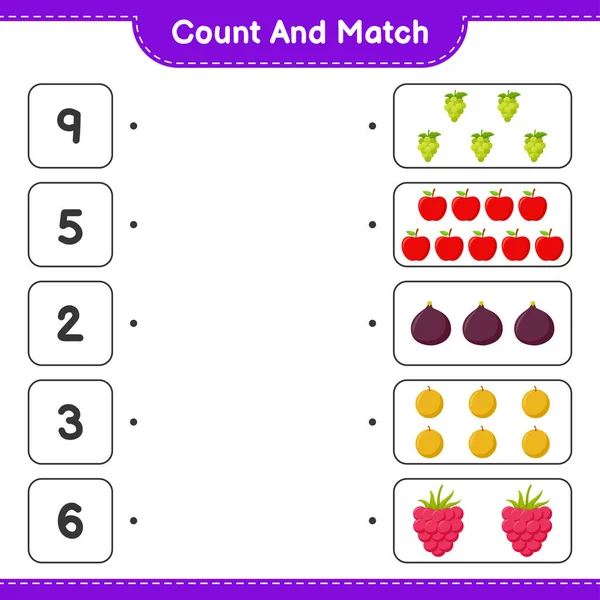 计数和匹配 计数水果的数量和匹配与正确的数量 教育儿童游戏 可打印工作表 矢量图解 — 图库矢量图片
