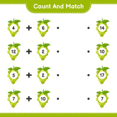 Say ve eşleştir, üzüm sayısını say ve doğru rakamlarla eşleştir. Eğitimsel çocuk oyunu, yazdırılabilir çalışma tablosu, vektör illüstrasyonu