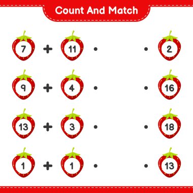 Say ve eşleştir, çilek sayısını say ve doğru numaralarla eşleştir. Eğitimsel çocuk oyunu, yazdırılabilir çalışma tablosu, vektör illüstrasyonu