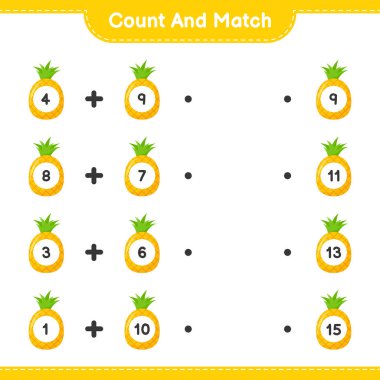 Say ve eşleştir, ananas sayısını say ve doğru numaralarla eşleştir. Eğitimsel çocuk oyunu, yazdırılabilir çalışma tablosu, vektör illüstrasyonu